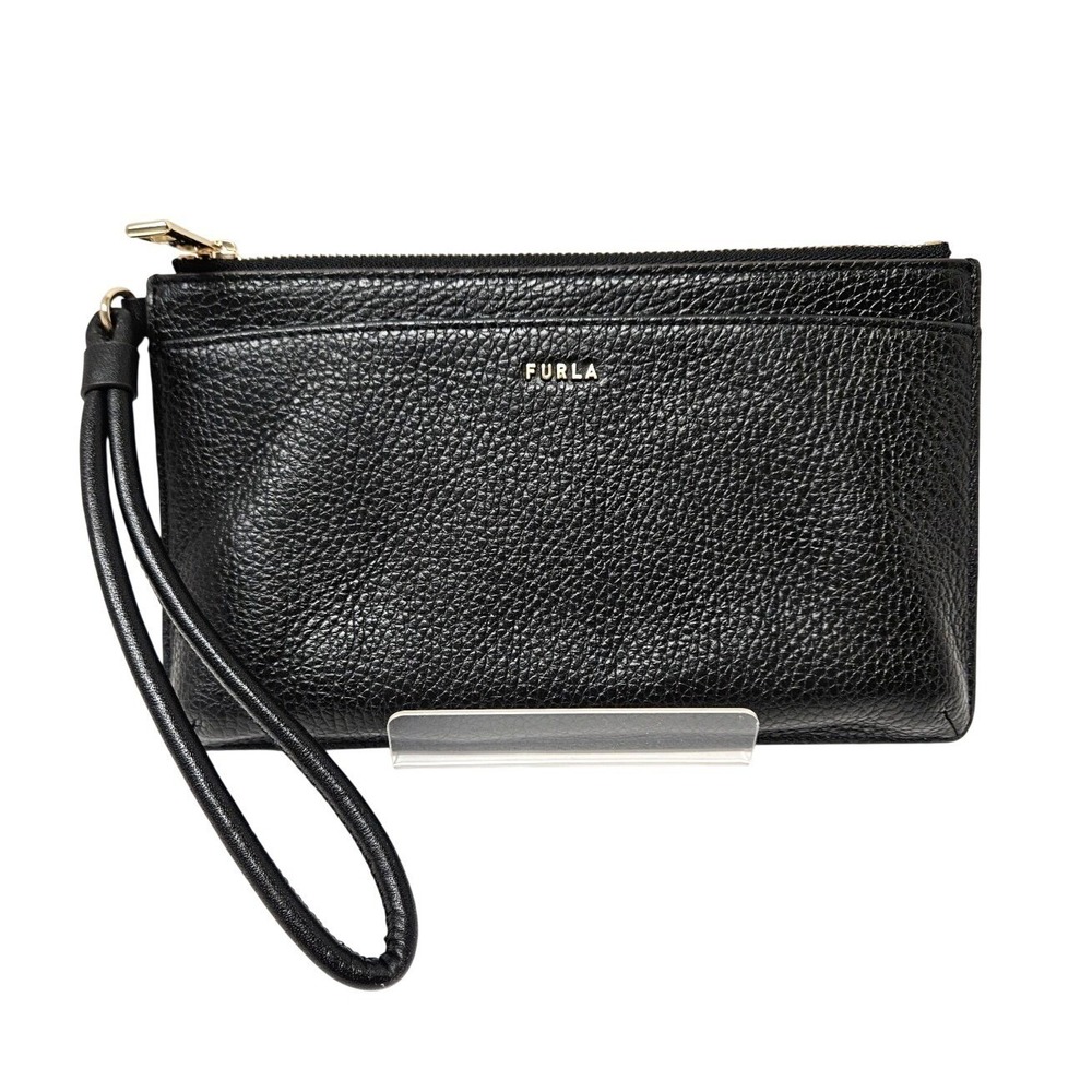 Furla Black Textured Leather Wristlet Clutch Bag Gold Hardware Zippered Pouch